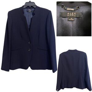 Alex Marie Womens Dark Navy Blue Jacket Size 14 Padded Shoulders Lined Blazer